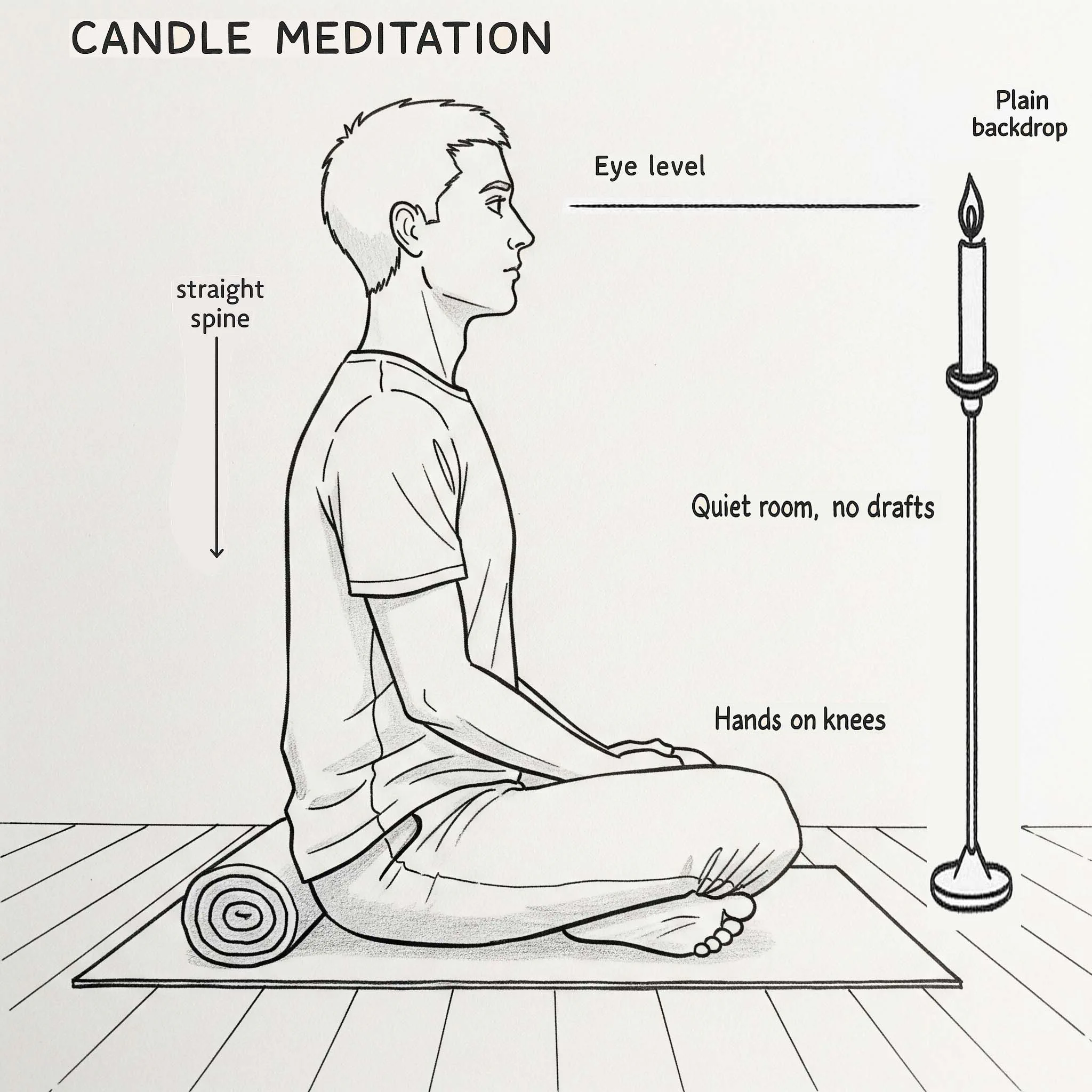 Simple meditation setup showing proper posture and candle placement for beginners
